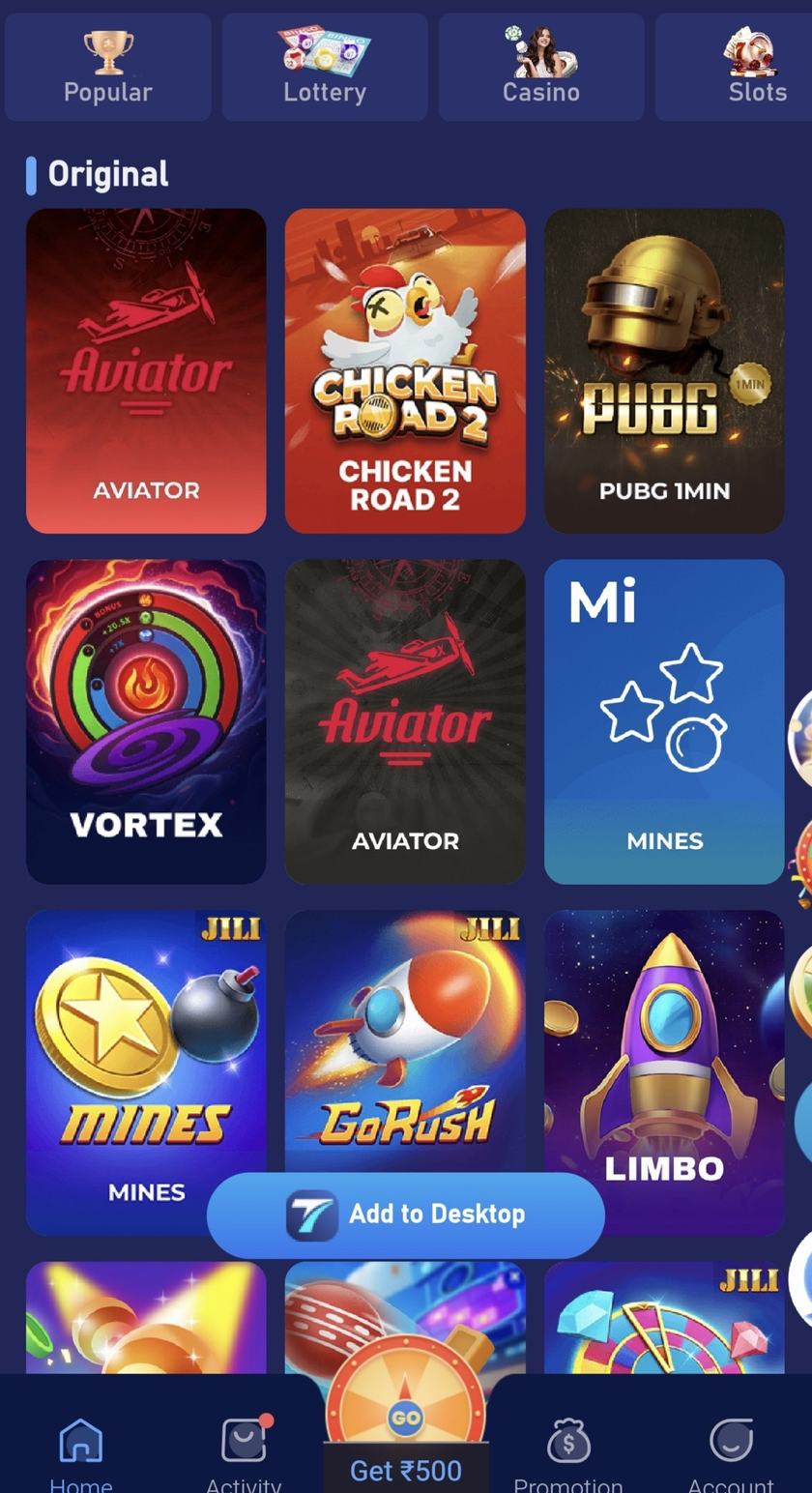 Original games grid showing Aviator, Chicken Road, Vortex, Mines, and other tiles.