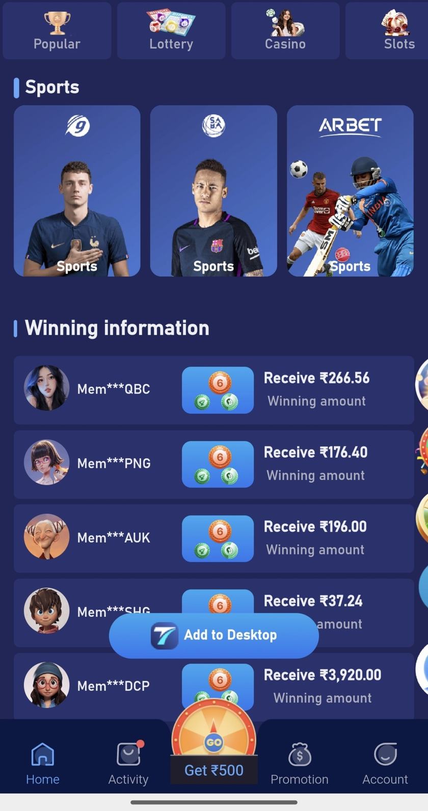 Sports section with game tiles and a winning-information list.